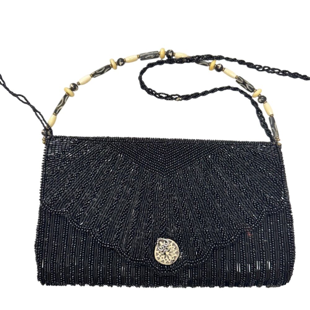 Vintage Black Beaded Handbag Evening Bag Foldover Classic Night Out
